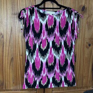 MICHAEL Michael Kors Women's Small S Ikat Print Tie Sleeve Knit Top Blouse Pink